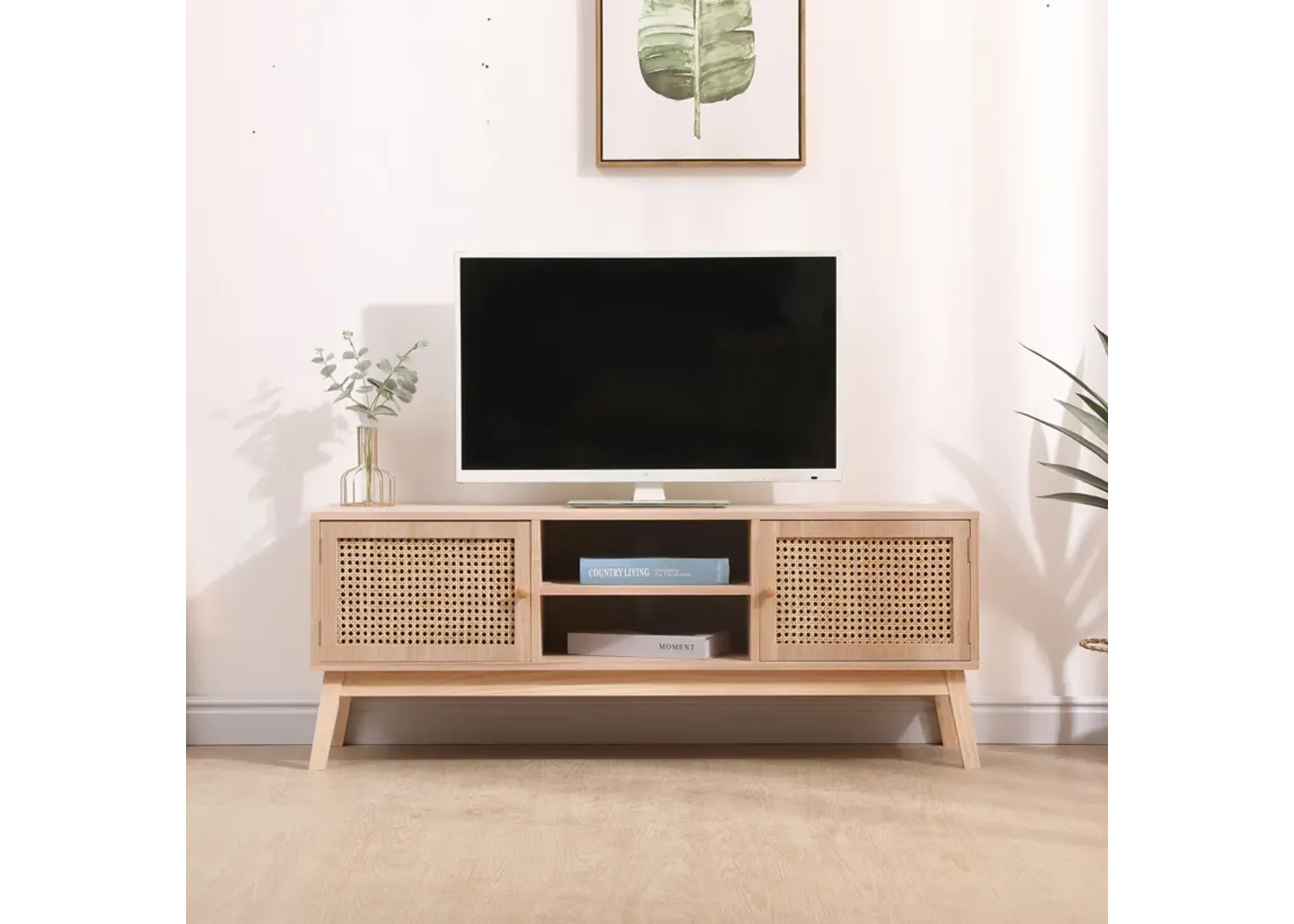 Superjare Boho TV Stand For 55" TV, Entertainment Center With Adjustable Shelf, Real Rattan TV Console With 2 Cabinets, Media Console, Solid Wood Feet, 2 Cord Holes, For Living Room - Natural