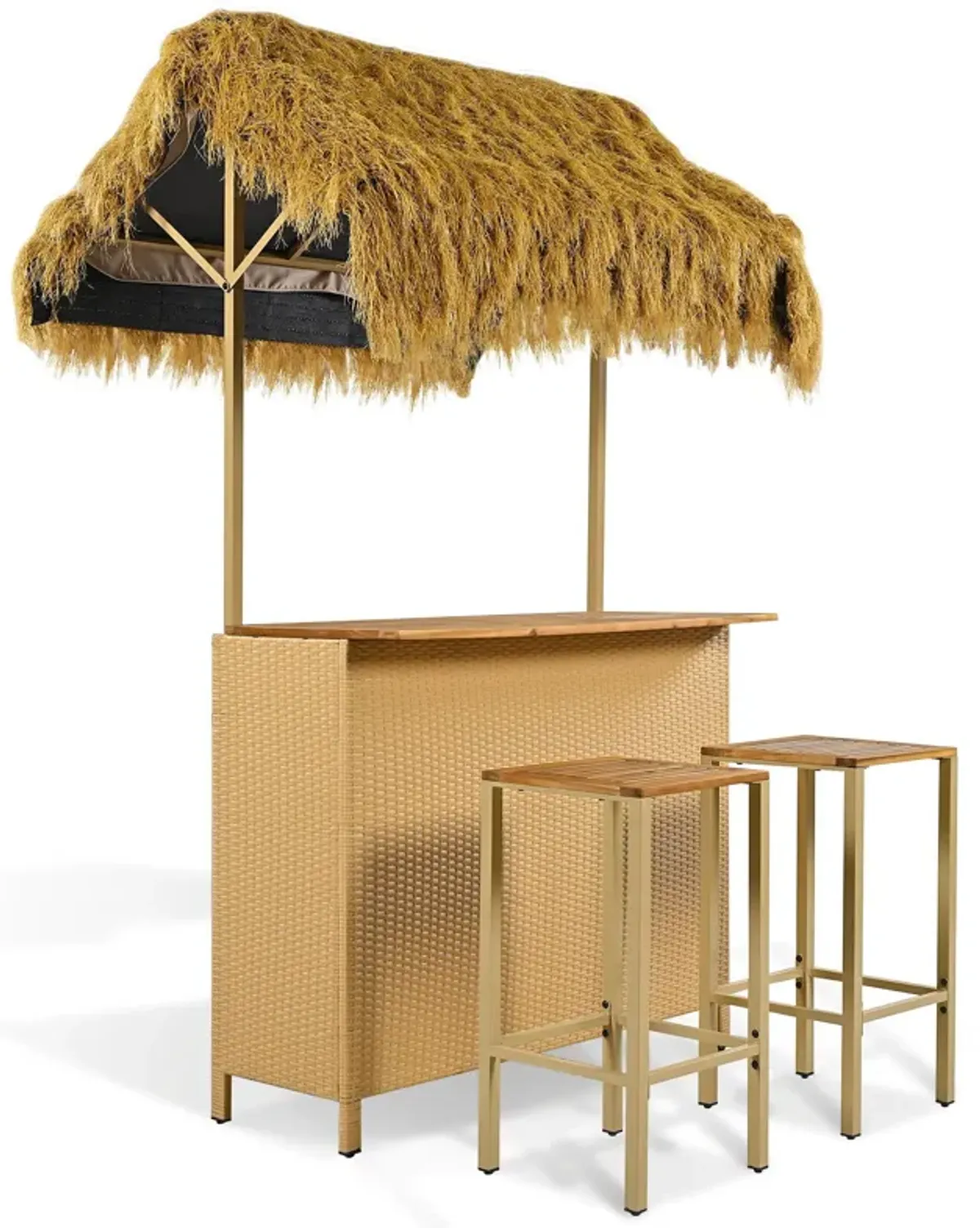 Hawaiian-Style Bar Height Patio Set With PE Grass Canopy, Outdoor Bar Table And Stools With Adjustable Feet, Acacia Wood Top, For Dining And Drinking - Natural