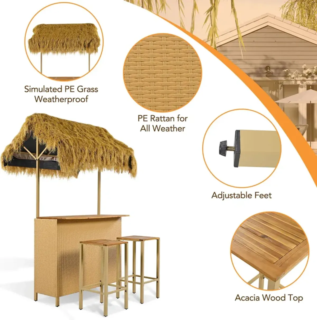 Hawaiian-Style Bar Height Patio Set With PE Grass Canopy, Outdoor Bar Table And Stools With Adjustable Feet, Acacia Wood Top, For Dining And Drinking - Natural