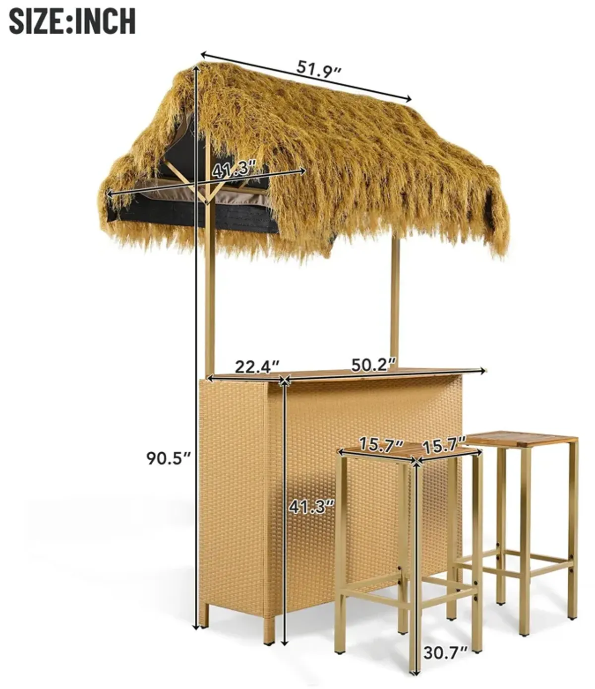 Hawaiian-Style Bar Height Patio Set With PE Grass Canopy, Outdoor Bar Table And Stools With Adjustable Feet, Acacia Wood Top, For Dining And Drinking - Natural