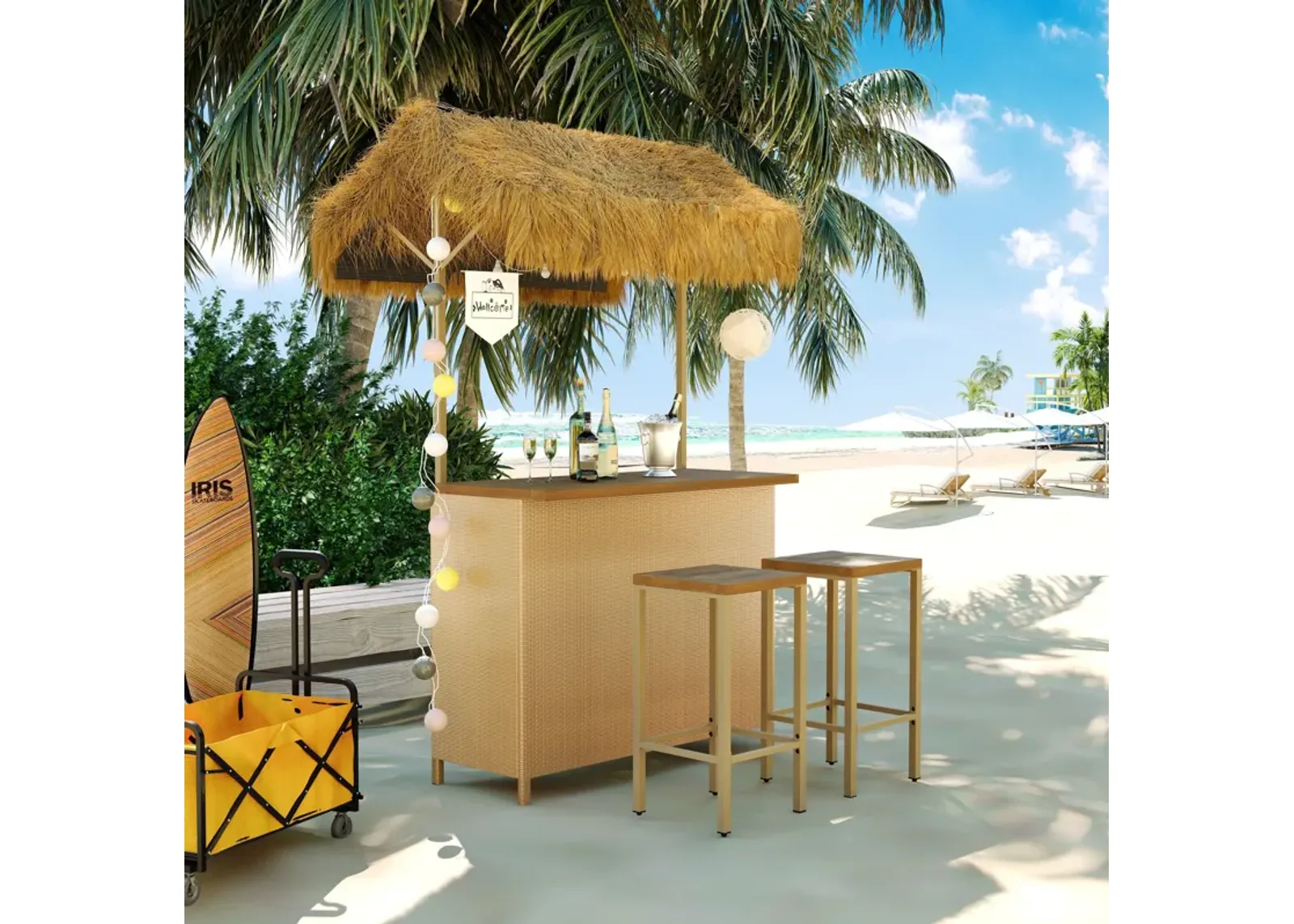 Hawaiian-Style Bar Height Patio Set With PE Grass Canopy, Outdoor Bar Table And Stools With Adjustable Feet, Acacia Wood Top, For Dining And Drinking - Natural