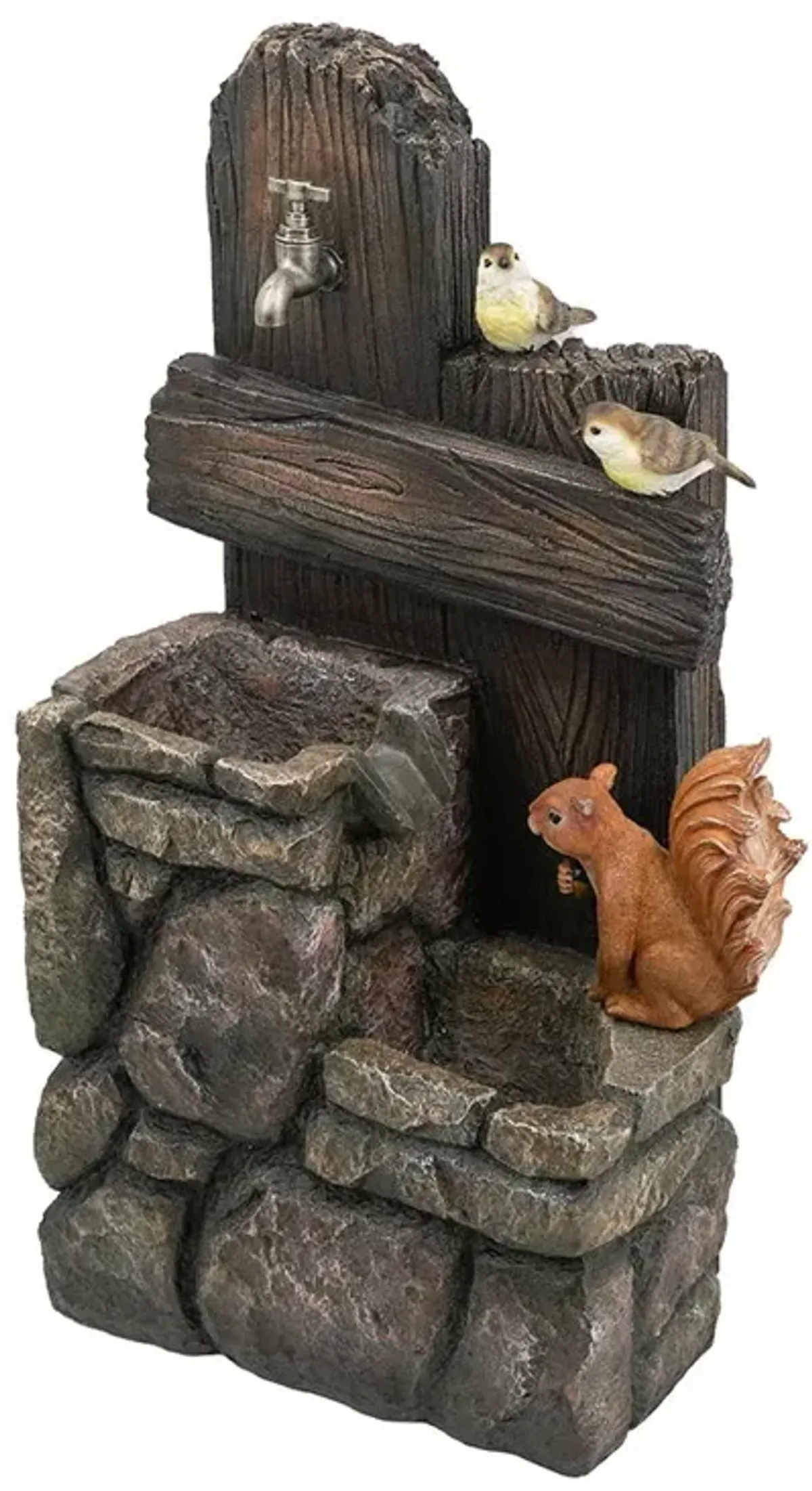 Decorative Two Tiered Water Fountain With Woodland Animal Design, Outdoor Fountain With Light And Pump - Multi