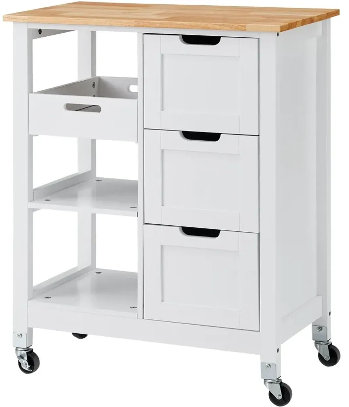 Rolling Portable Small Kitchen Island Cart On Wheels With Solid Wood Top, Dining Room Serving Utility Carts Mobile Movable With 3 Drawers And Storage Shelves Cabinet - White