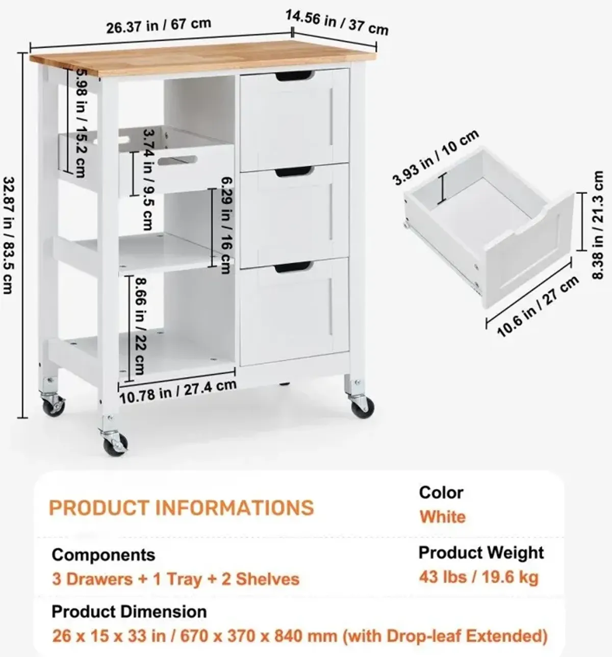 Rolling Portable Small Kitchen Island Cart On Wheels With Solid Wood Top, Dining Room Serving Utility Carts Mobile Movable With 3 Drawers And Storage Shelves Cabinet - White