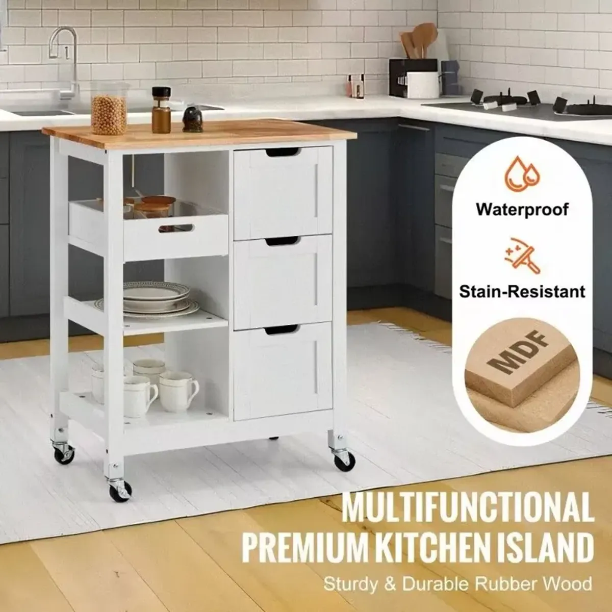 Rolling Portable Small Kitchen Island Cart On Wheels With Solid Wood Top, Dining Room Serving Utility Carts Mobile Movable With 3 Drawers And Storage Shelves Cabinet - White