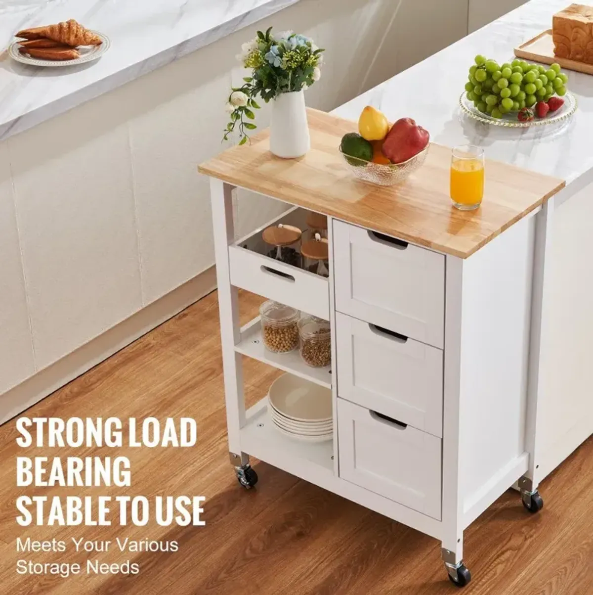 Rolling Portable Small Kitchen Island Cart On Wheels With Solid Wood Top, Dining Room Serving Utility Carts Mobile Movable With 3 Drawers And Storage Shelves Cabinet - White