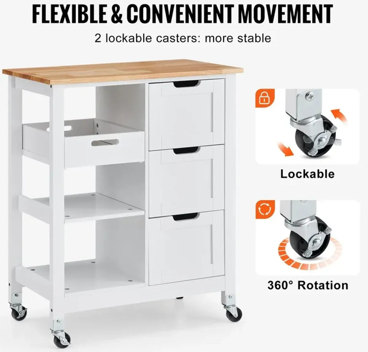 Rolling Portable Small Kitchen Island Cart On Wheels With Solid Wood Top, Dining Room Serving Utility Carts Mobile Movable With 3 Drawers And Storage Shelves Cabinet - White