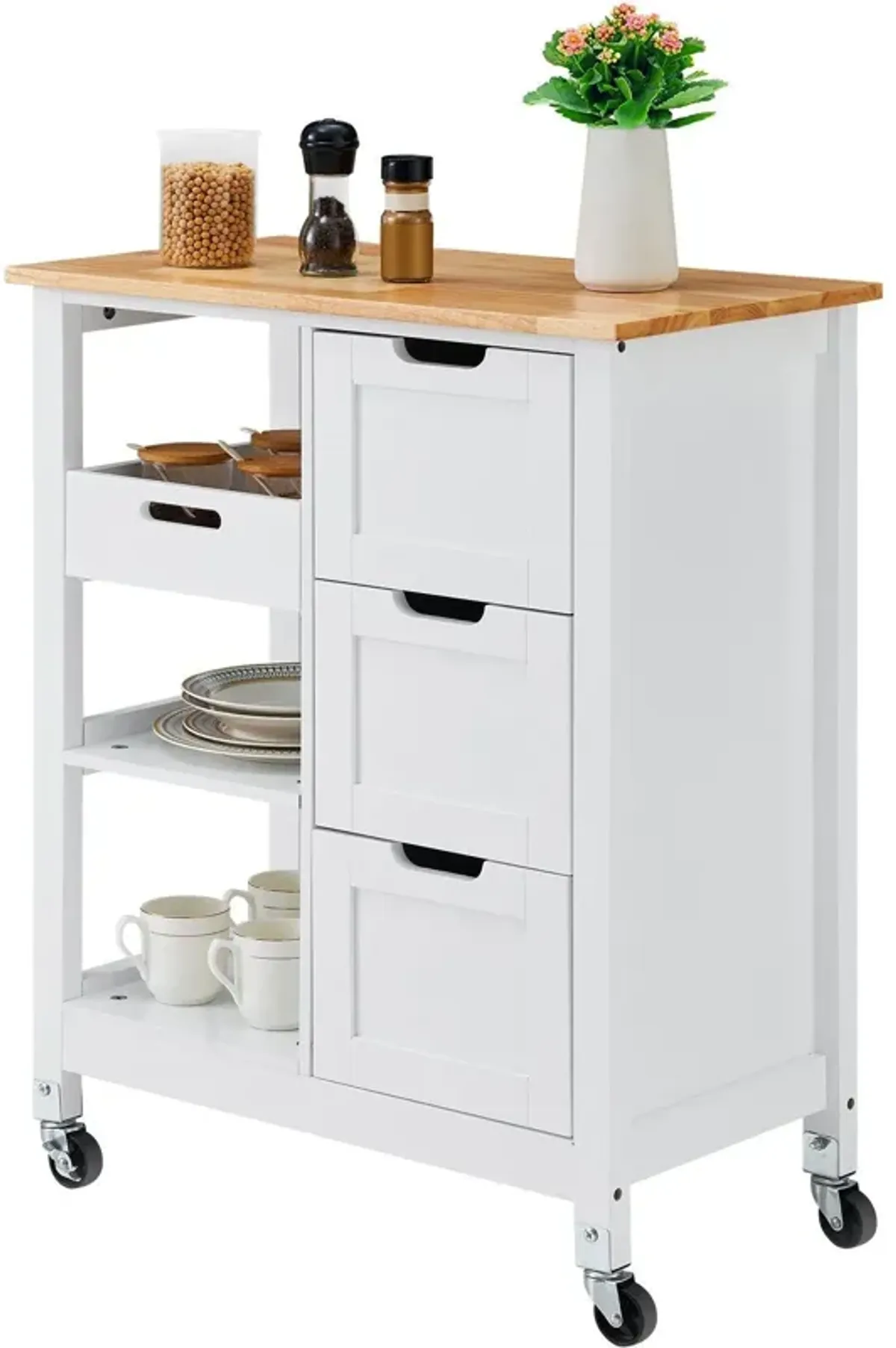 Rolling Portable Small Kitchen Island Cart On Wheels With Solid Wood Top, Dining Room Serving Utility Carts Mobile Movable With 3 Drawers And Storage Shelves Cabinet - White