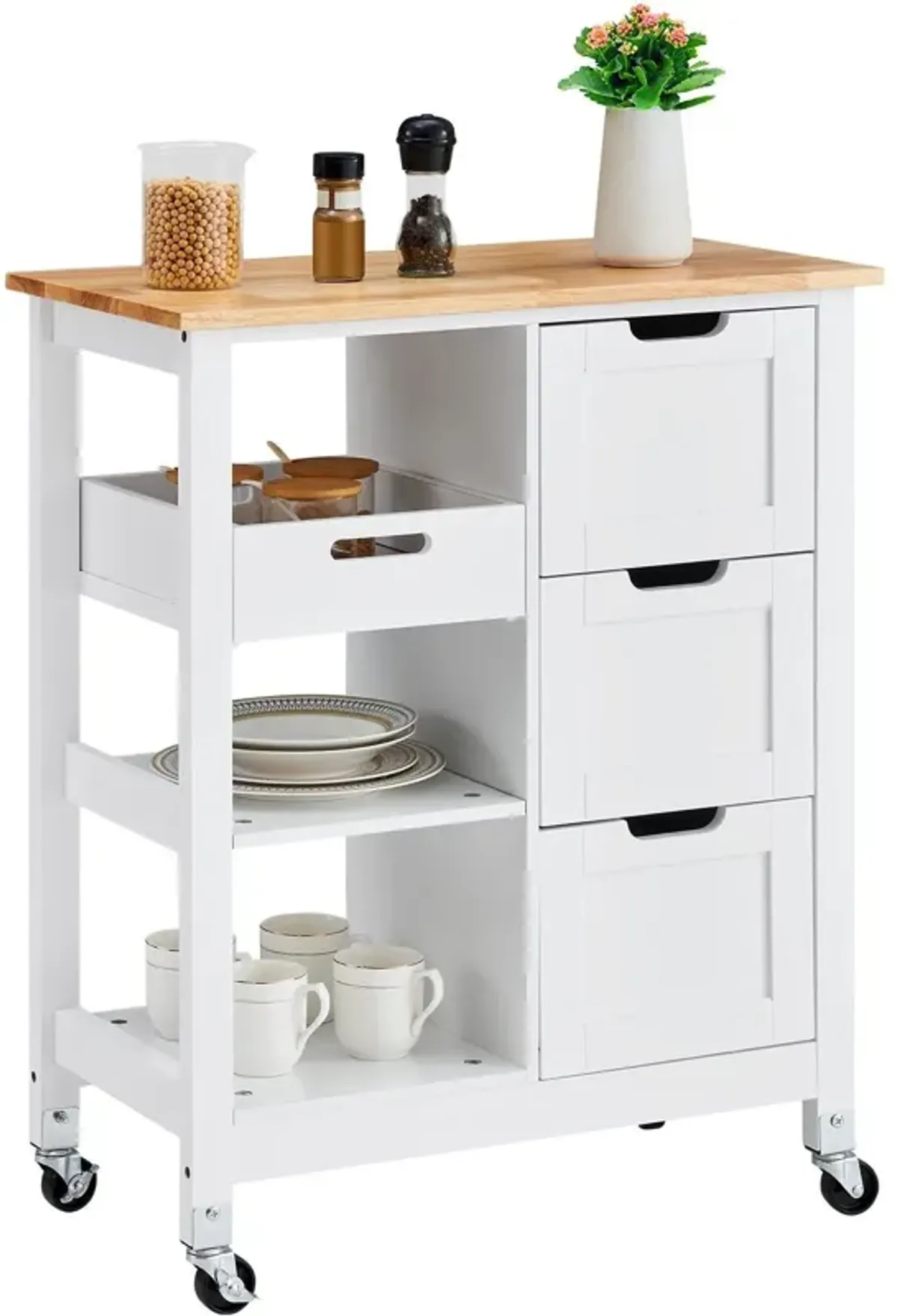 Rolling Portable Small Kitchen Island Cart On Wheels With Solid Wood Top, Dining Room Serving Utility Carts Mobile Movable With 3 Drawers And Storage Shelves Cabinet - White