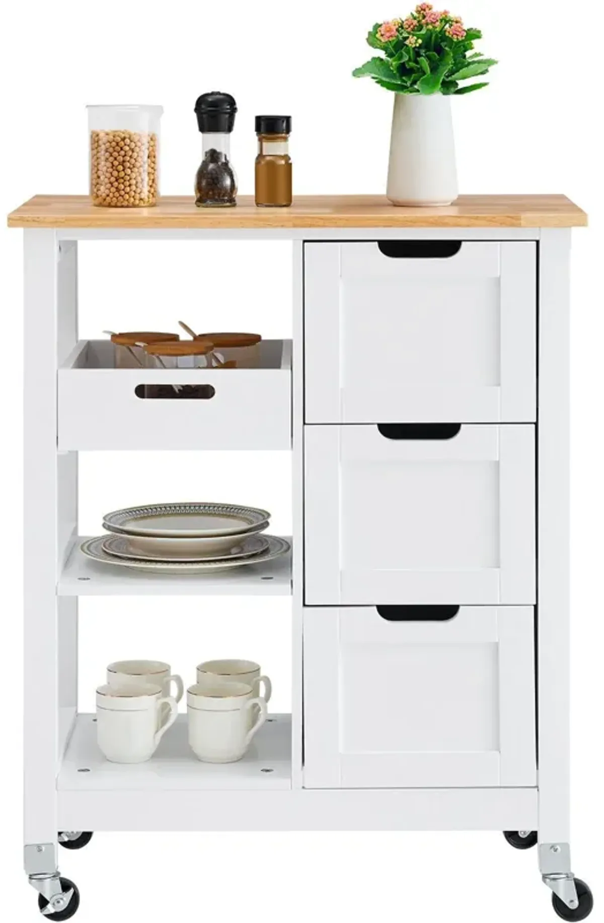 Rolling Portable Small Kitchen Island Cart On Wheels With Solid Wood Top, Dining Room Serving Utility Carts Mobile Movable With 3 Drawers And Storage Shelves Cabinet - White