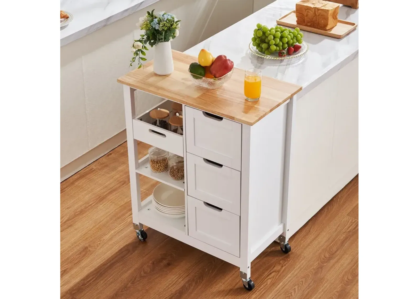 Rolling Portable Small Kitchen Island Cart On Wheels With Solid Wood Top, Dining Room Serving Utility Carts Mobile Movable With 3 Drawers And Storage Shelves Cabinet - White