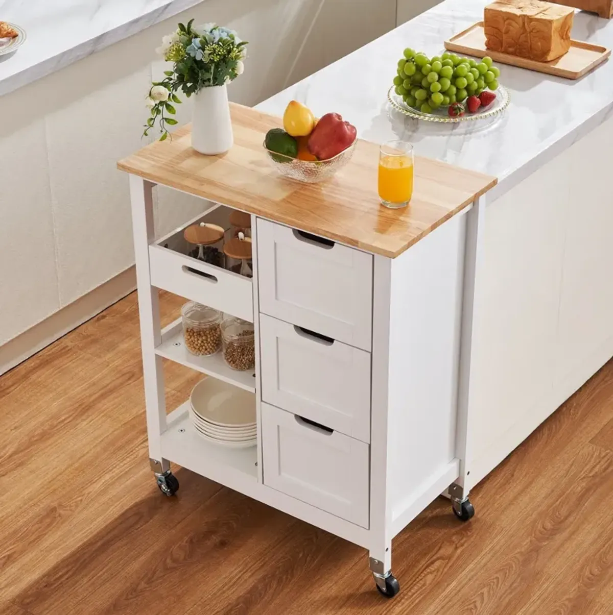 Rolling Portable Small Kitchen Island Cart On Wheels With Solid Wood Top, Dining Room Serving Utility Carts Mobile Movable With 3 Drawers And Storage Shelves Cabinet - White