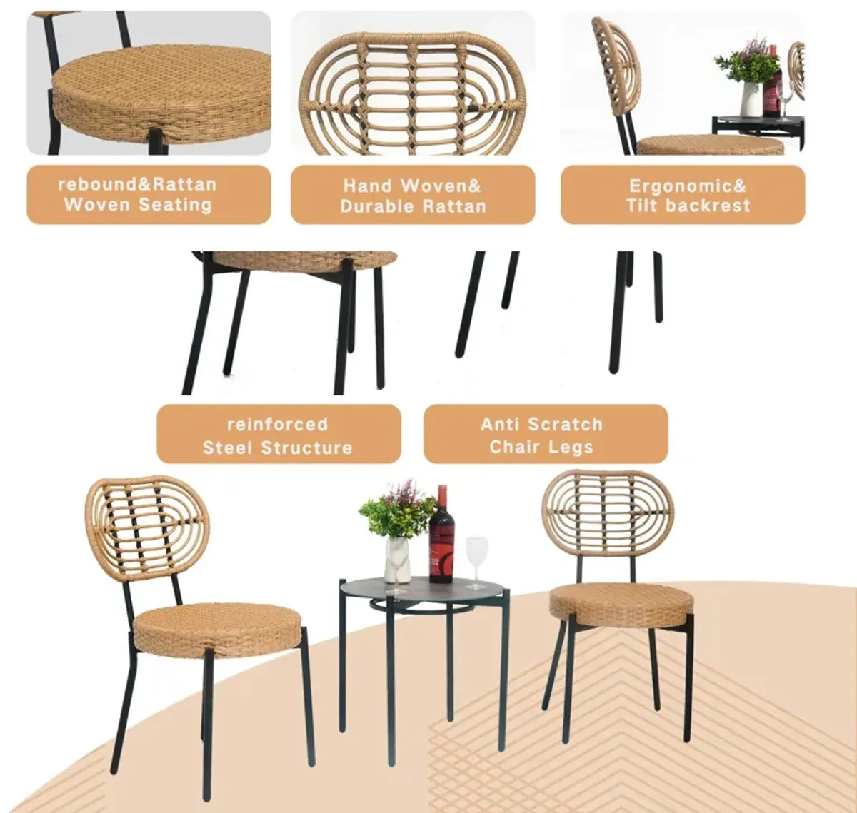 3 Pieces Of Luxury Outdoor Wicker Furniture Patio Bistro Style Table And Chair Combination, Weather Resistant PE Wicker Weave, Suitable For Garden - Black / Natural