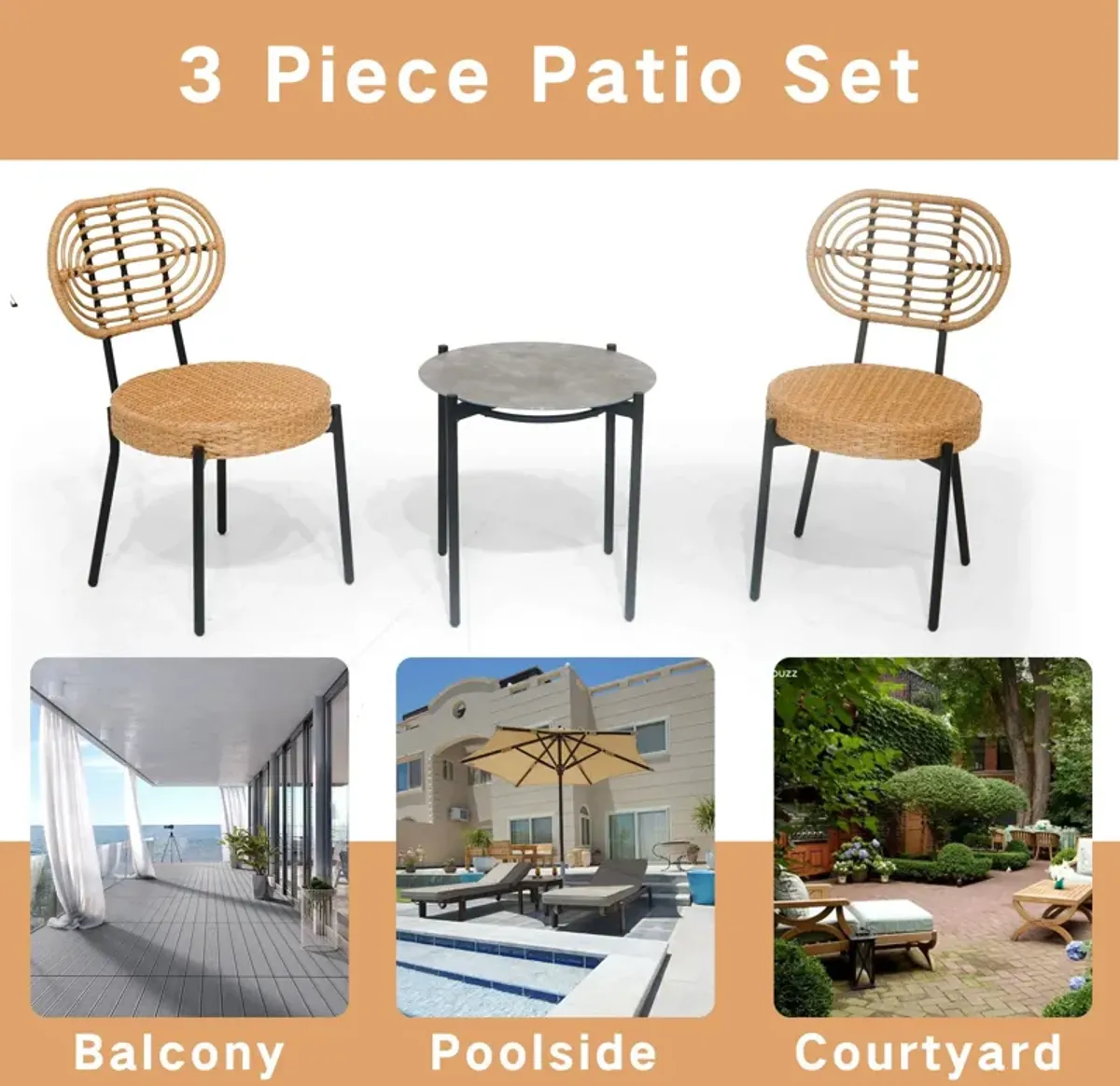 3 Pieces Of Luxury Outdoor Wicker Furniture Patio Bistro Style Table And Chair Combination, Weather Resistant PE Wicker Weave, Suitable For Garden - Black / Natural