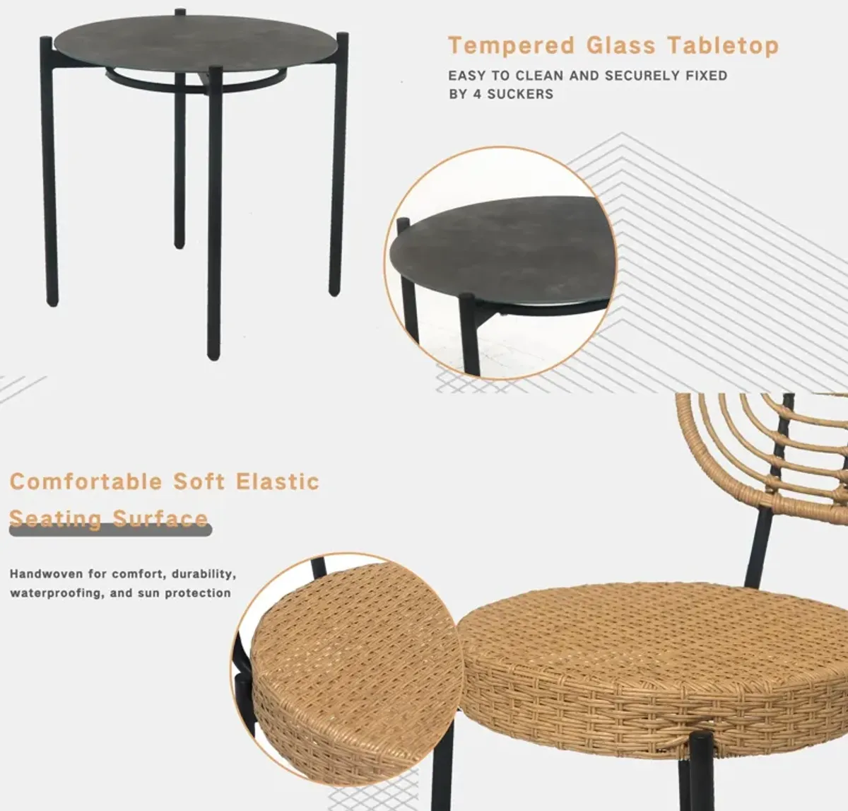 3 Pieces Of Luxury Outdoor Wicker Furniture Patio Bistro Style Table And Chair Combination, Weather Resistant PE Wicker Weave, Suitable For Garden - Black / Natural