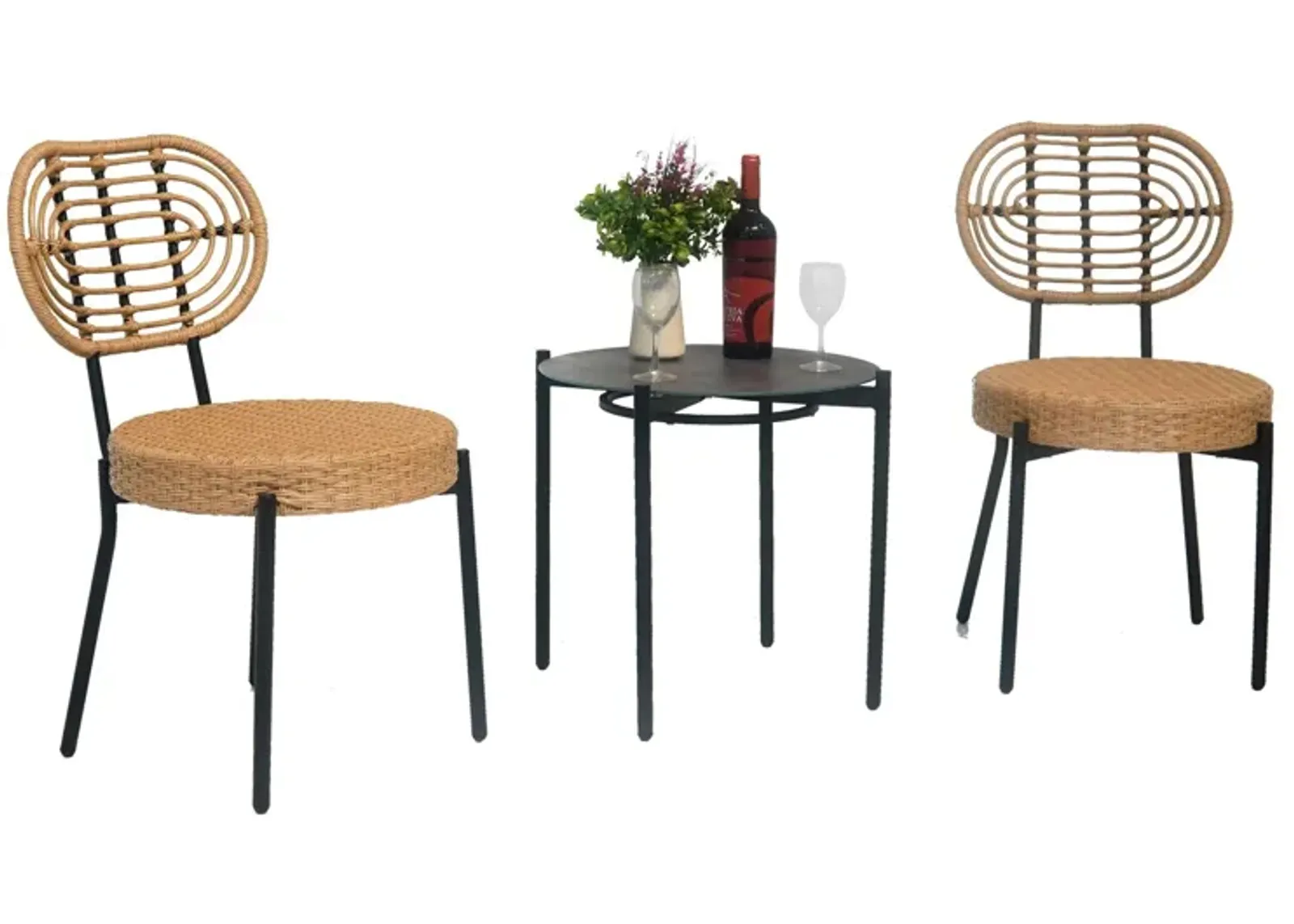 3 Pieces Of Luxury Outdoor Wicker Furniture Patio Bistro Style Table And Chair Combination, Weather Resistant PE Wicker Weave, Suitable For Garden - Black / Natural