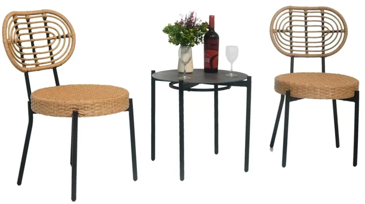 3 Pieces Of Luxury Outdoor Wicker Furniture Patio Bistro Style Table And Chair Combination, Weather Resistant PE Wicker Weave, Suitable For Garden - Black / Natural