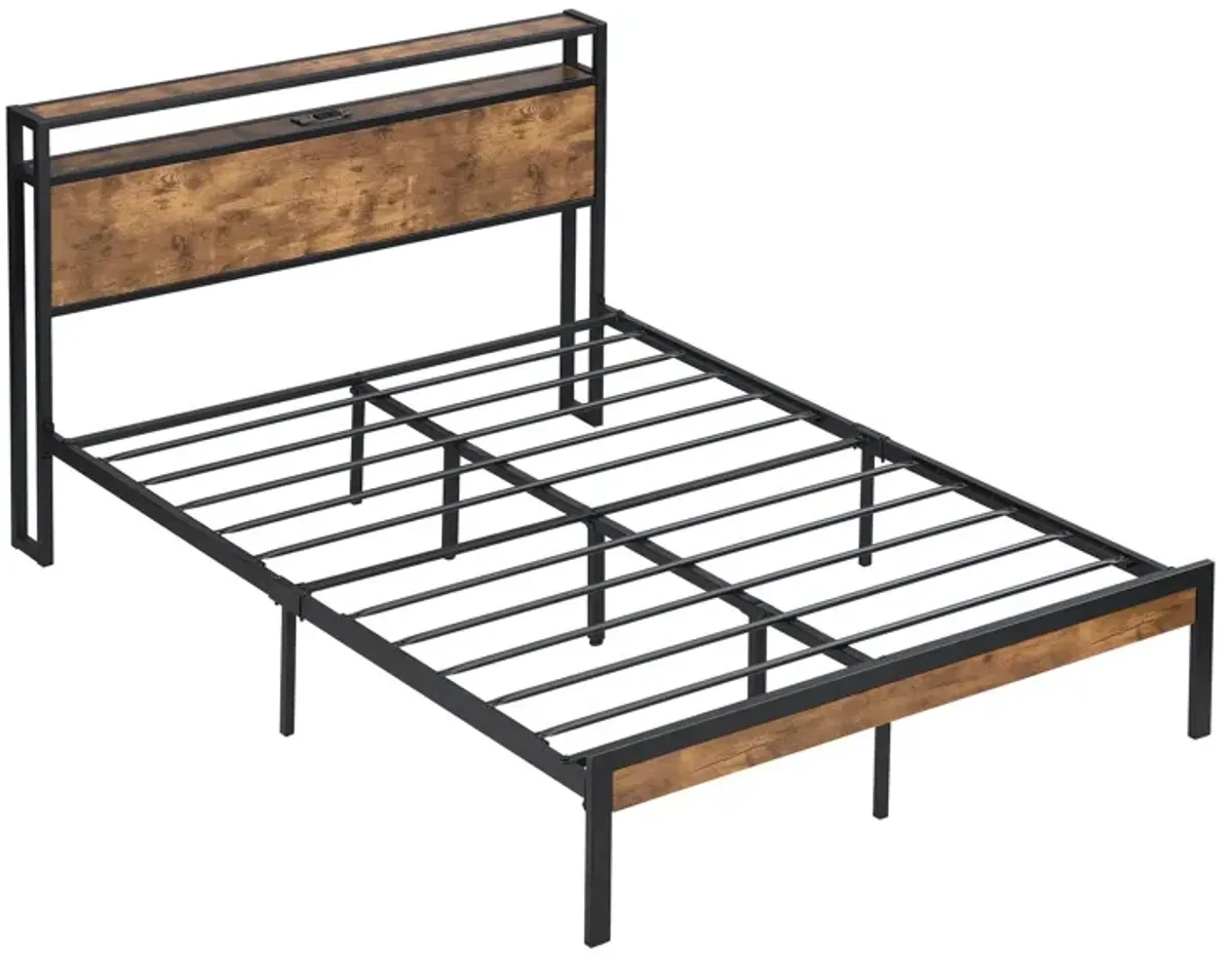 Metal Platform Bed Frame With Wooden Headboard And Footboard With USB Liner, No Box Spring Needed, Under Bed Storage