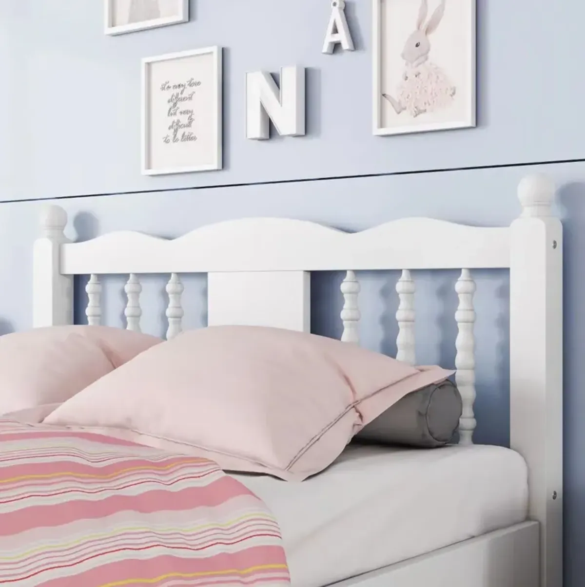 Bed With Column Decoration Headboard, With Bed Slats