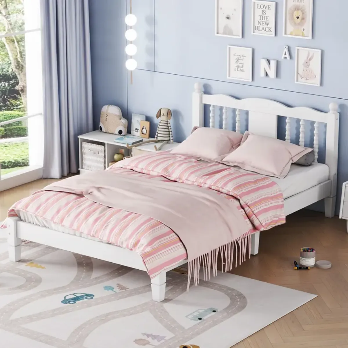 Bed With Column Decoration Headboard, With Bed Slats