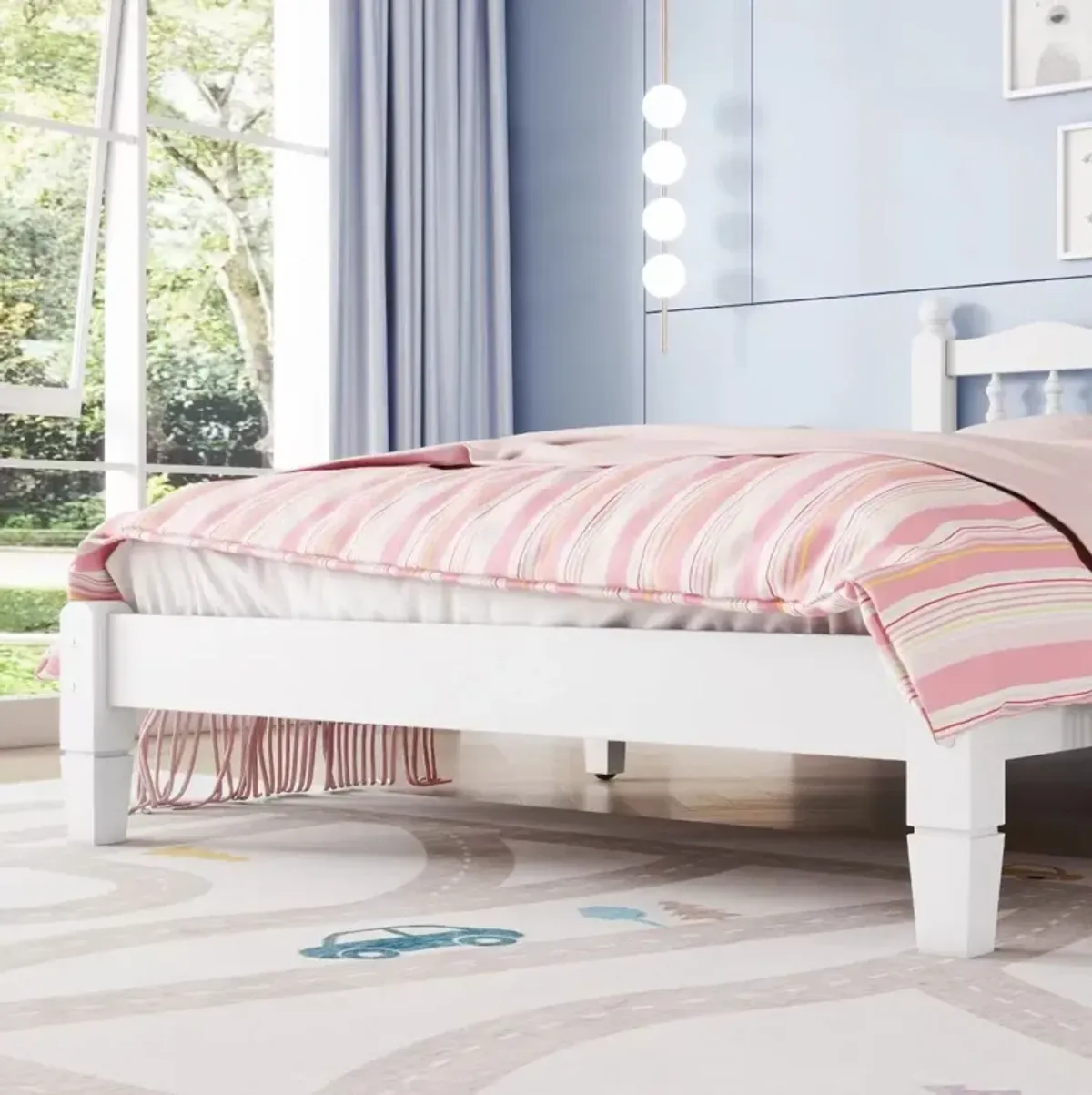 Bed With Column Decoration Headboard, With Bed Slats