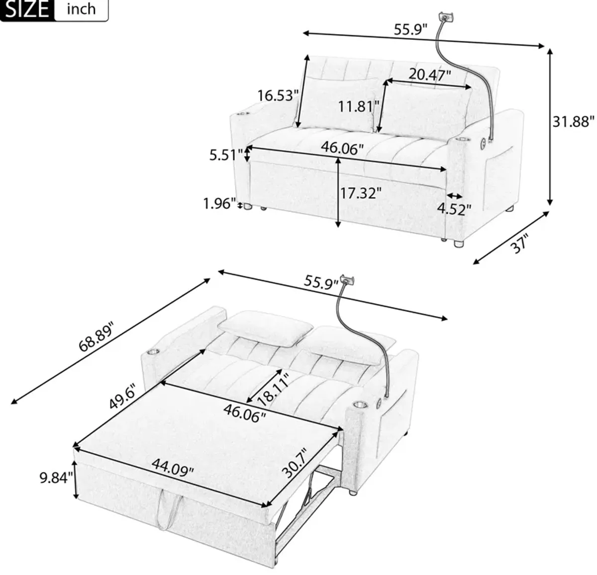 Convertible Sofa Bed Loveseat Sofa With Three USB Ports, Two Side Pockets, Two Cup Holders And 360° swivel Phone Holder For Living Room