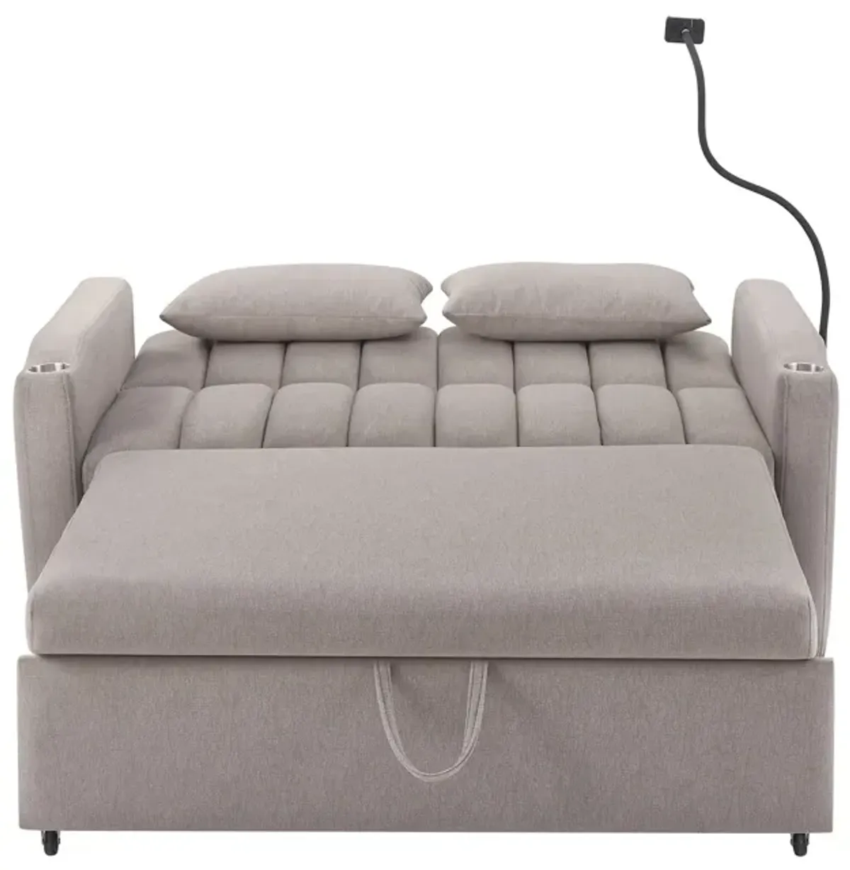 Convertible Sofa Bed Loveseat Sofa With Three USB Ports, Two Side Pockets, Two Cup Holders And 360° swivel Phone Holder For Living Room