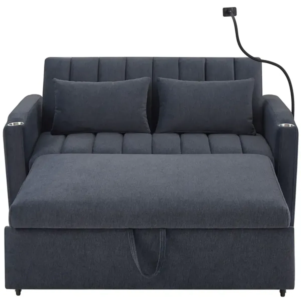 Convertible Sofa Bed Loveseat Sofa With Three USB Ports, Two Side Pockets, Two Cup Holders And 360° swivel Phone Holder For Living Room