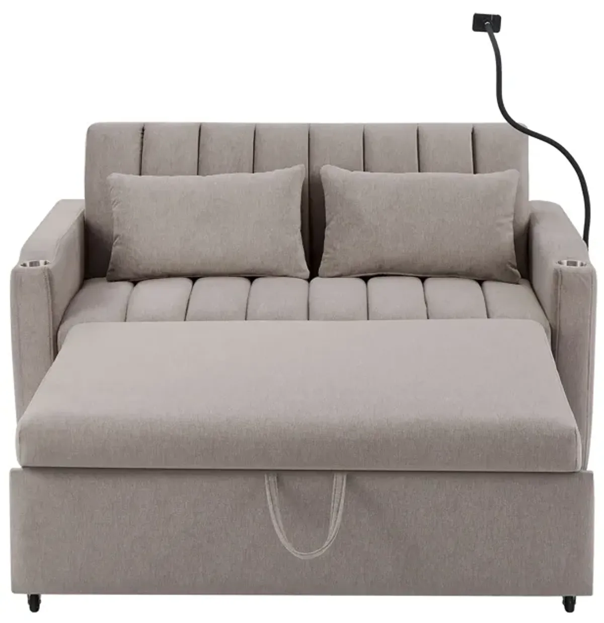 Convertible Sofa Bed Loveseat Sofa With Three USB Ports, Two Side Pockets, Two Cup Holders And 360° swivel Phone Holder For Living Room