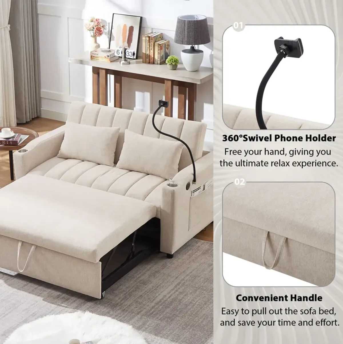 Convertible Sofa Bed Loveseat Sofa With Three USB Ports, Two Side Pockets, Two Cup Holders And 360° swivel Phone Holder For Living Room