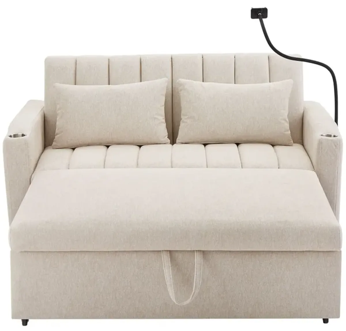 Convertible Sofa Bed Loveseat Sofa With Three USB Ports, Two Side Pockets, Two Cup Holders And 360° swivel Phone Holder For Living Room