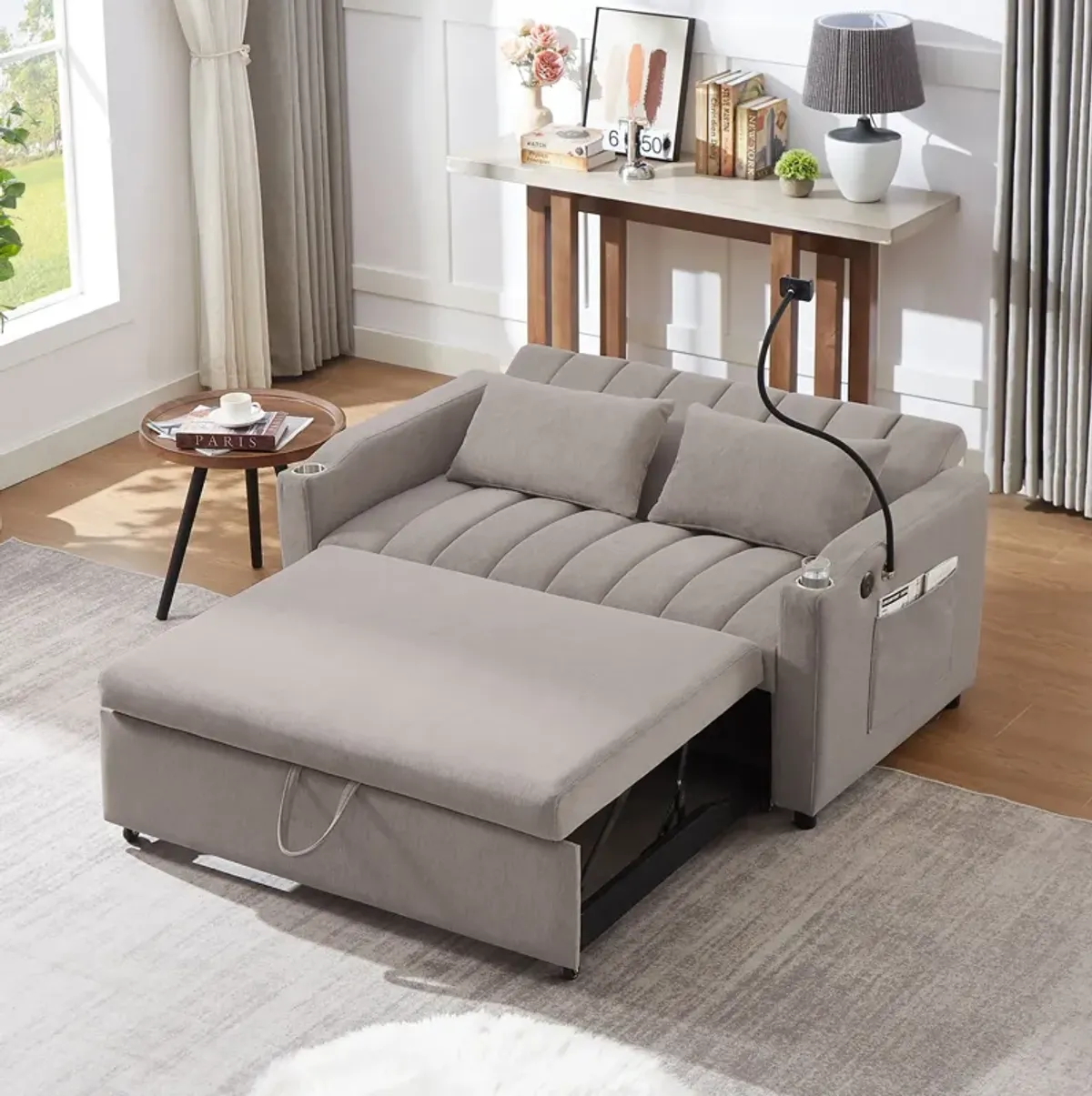 Convertible Sofa Bed Loveseat Sofa With Three USB Ports, Two Side Pockets, Two Cup Holders And 360° swivel Phone Holder For Living Room