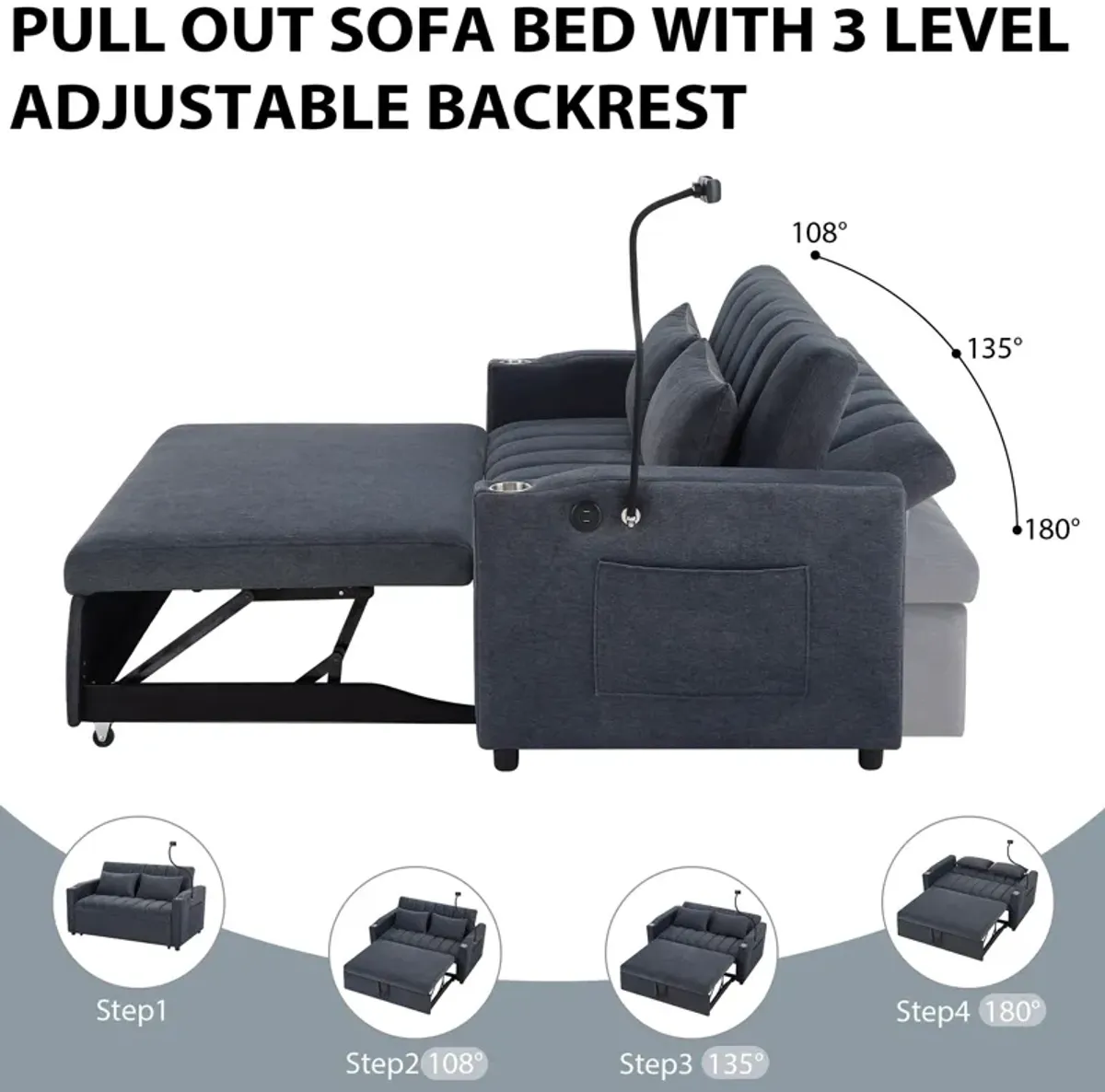 Convertible Sofa Bed Loveseat Sofa With Three USB Ports, Two Side Pockets, Two Cup Holders And 360° swivel Phone Holder For Living Room