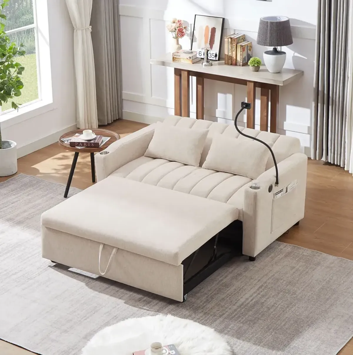 Convertible Sofa Bed Loveseat Sofa With Three USB Ports, Two Side Pockets, Two Cup Holders And 360° swivel Phone Holder For Living Room