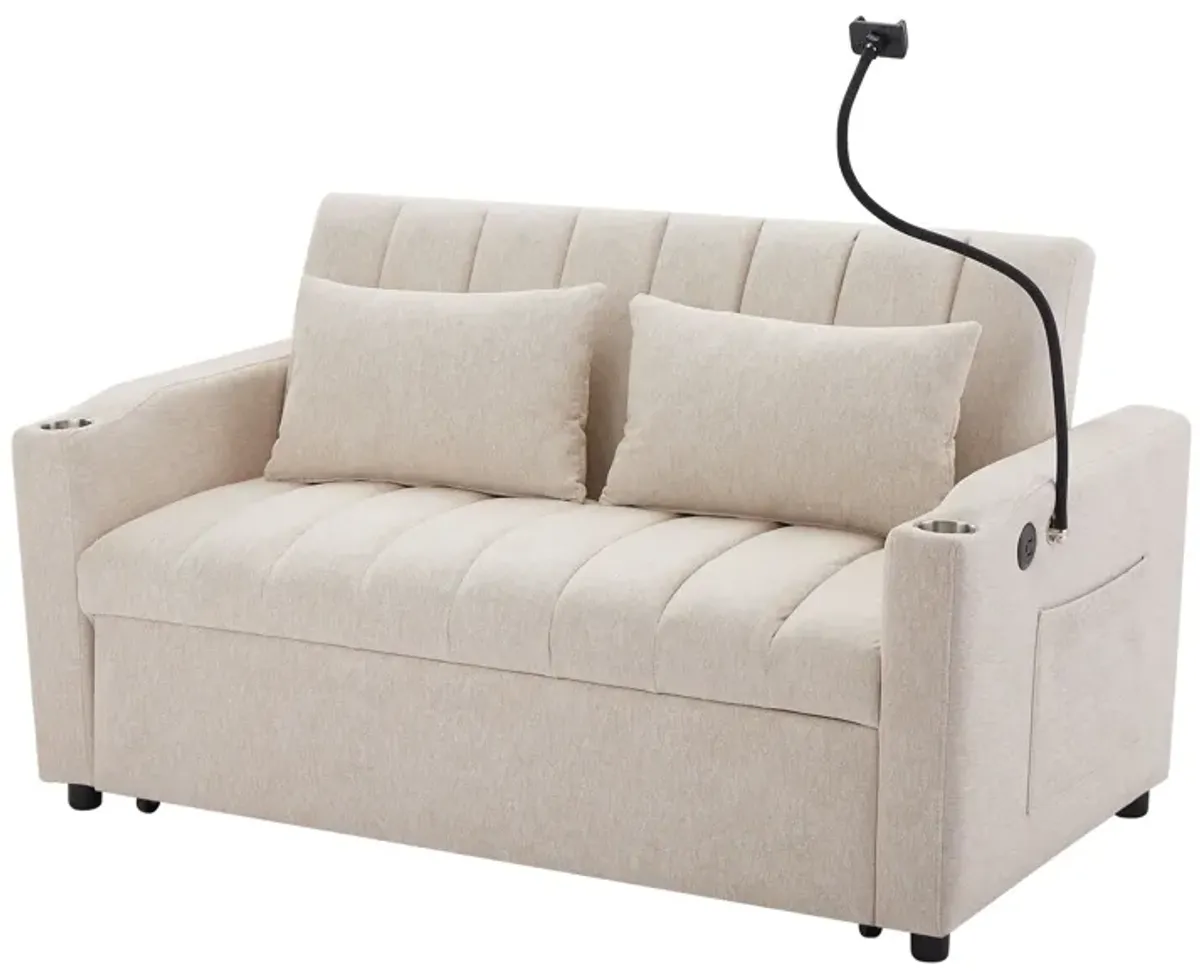 Convertible Sofa Bed Loveseat Sofa With Three USB Ports, Two Side Pockets, Two Cup Holders And 360° swivel Phone Holder For Living Room