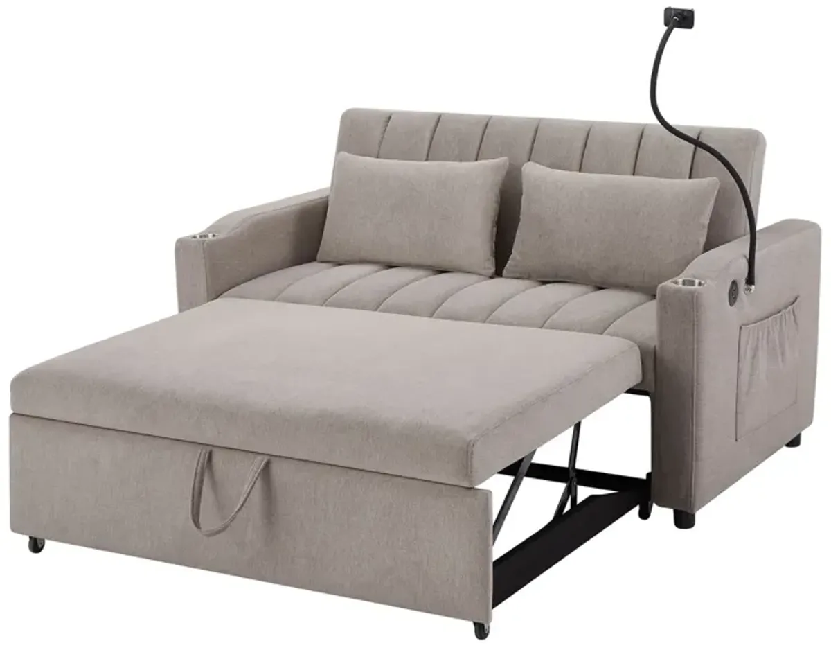 Convertible Sofa Bed Loveseat Sofa With Three USB Ports, Two Side Pockets, Two Cup Holders And 360° swivel Phone Holder For Living Room