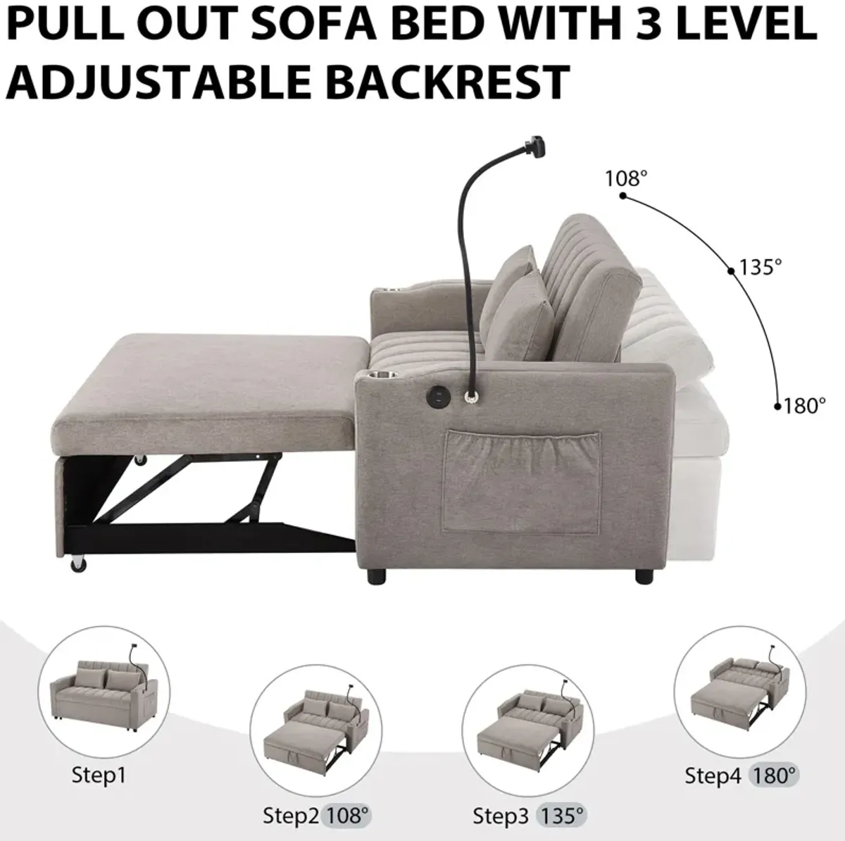 Convertible Sofa Bed Loveseat Sofa With Three USB Ports, Two Side Pockets, Two Cup Holders And 360° swivel Phone Holder For Living Room