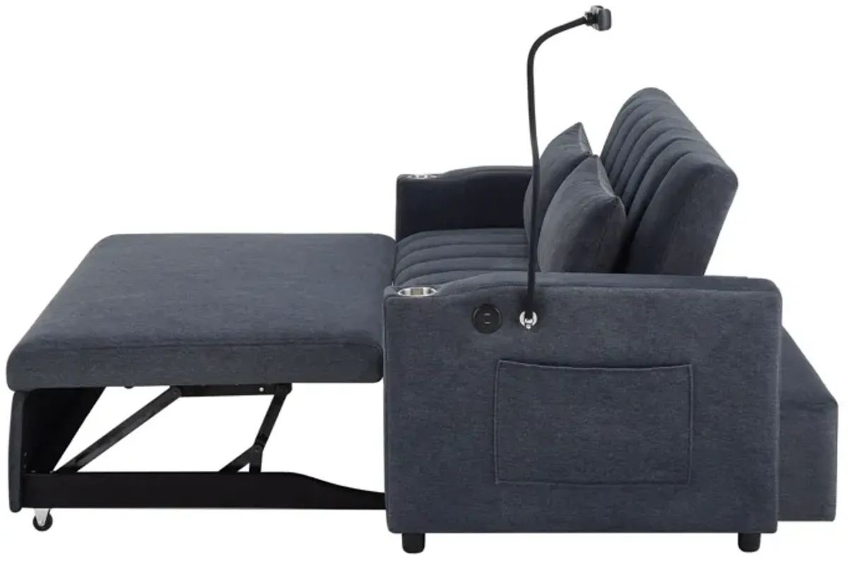 Convertible Sofa Bed Loveseat Sofa With Three USB Ports, Two Side Pockets, Two Cup Holders And 360° swivel Phone Holder For Living Room