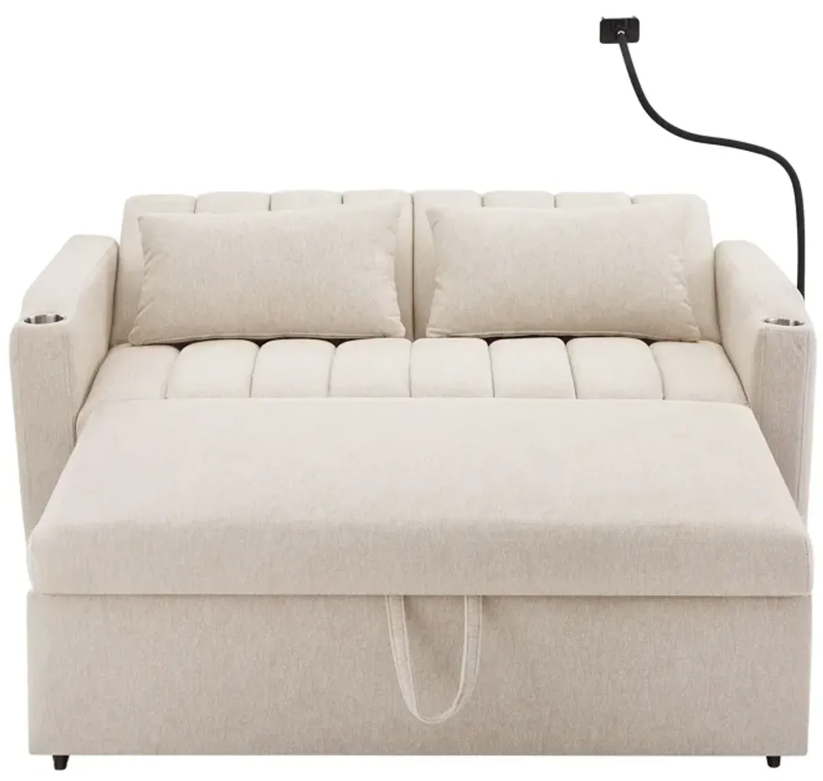 Convertible Sofa Bed Loveseat Sofa With Three USB Ports, Two Side Pockets, Two Cup Holders And 360° swivel Phone Holder For Living Room