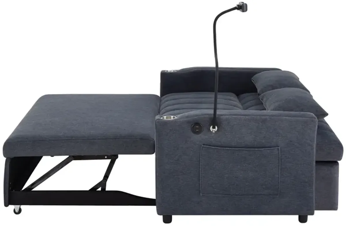 Convertible Sofa Bed Loveseat Sofa With Three USB Ports, Two Side Pockets, Two Cup Holders And 360° swivel Phone Holder For Living Room