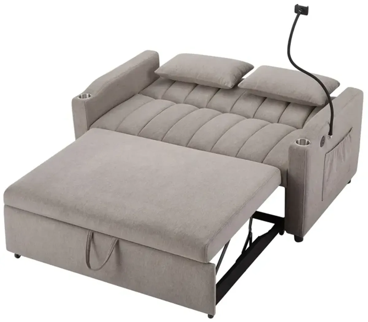 Convertible Sofa Bed Loveseat Sofa With Three USB Ports, Two Side Pockets, Two Cup Holders And 360° swivel Phone Holder For Living Room