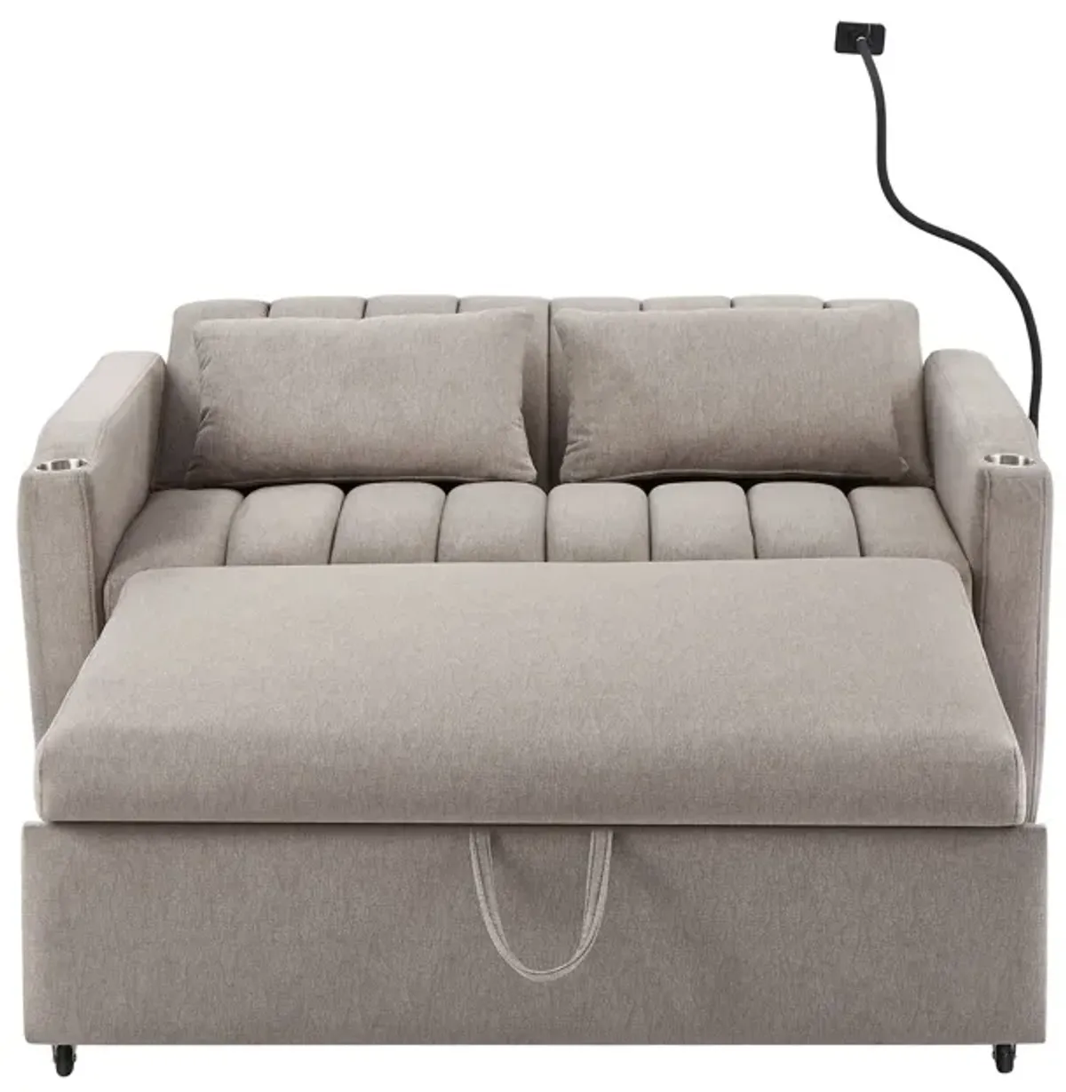 Convertible Sofa Bed Loveseat Sofa With Three USB Ports, Two Side Pockets, Two Cup Holders And 360° swivel Phone Holder For Living Room