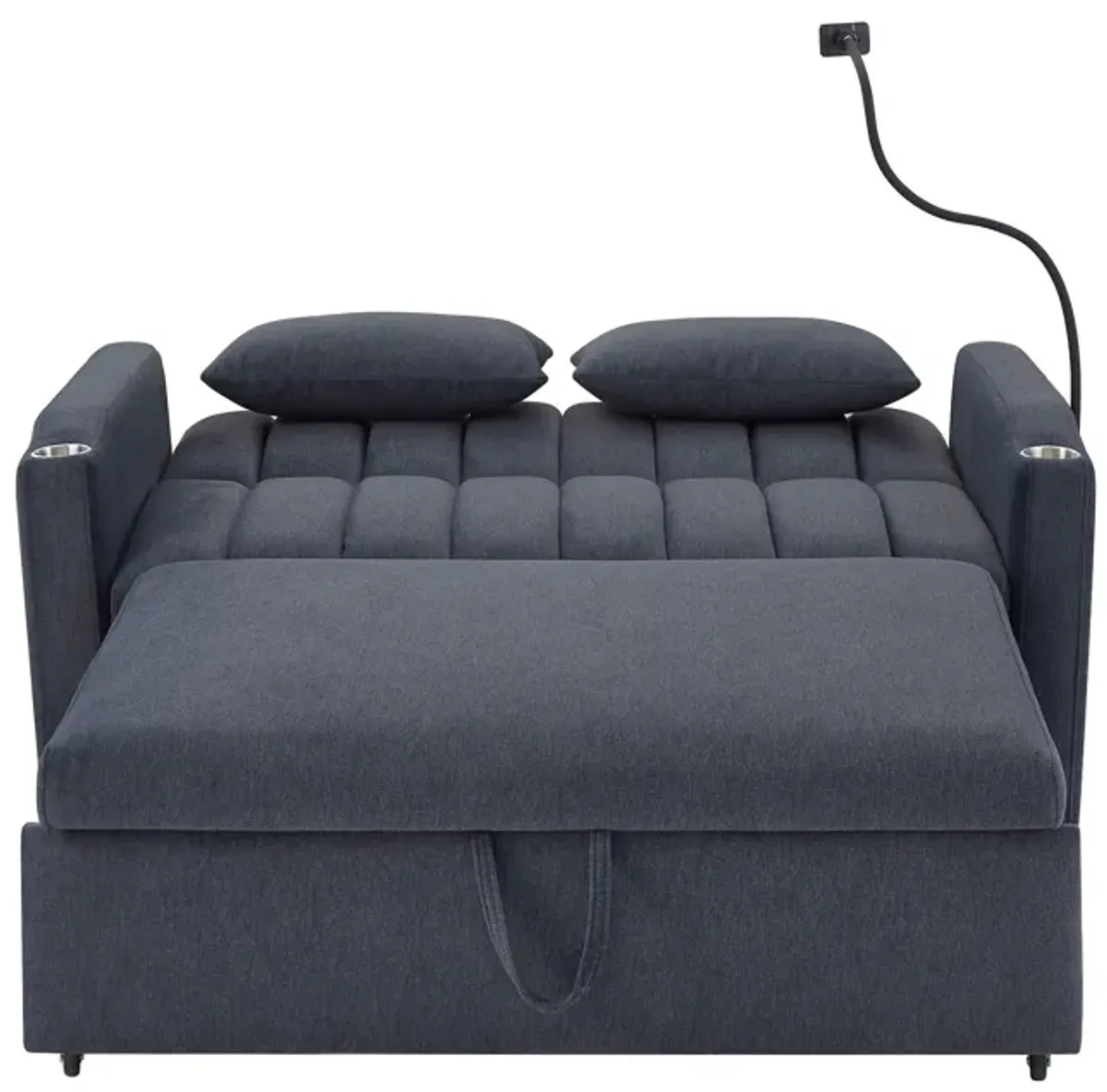 Convertible Sofa Bed Loveseat Sofa With Three USB Ports, Two Side Pockets, Two Cup Holders And 360° swivel Phone Holder For Living Room