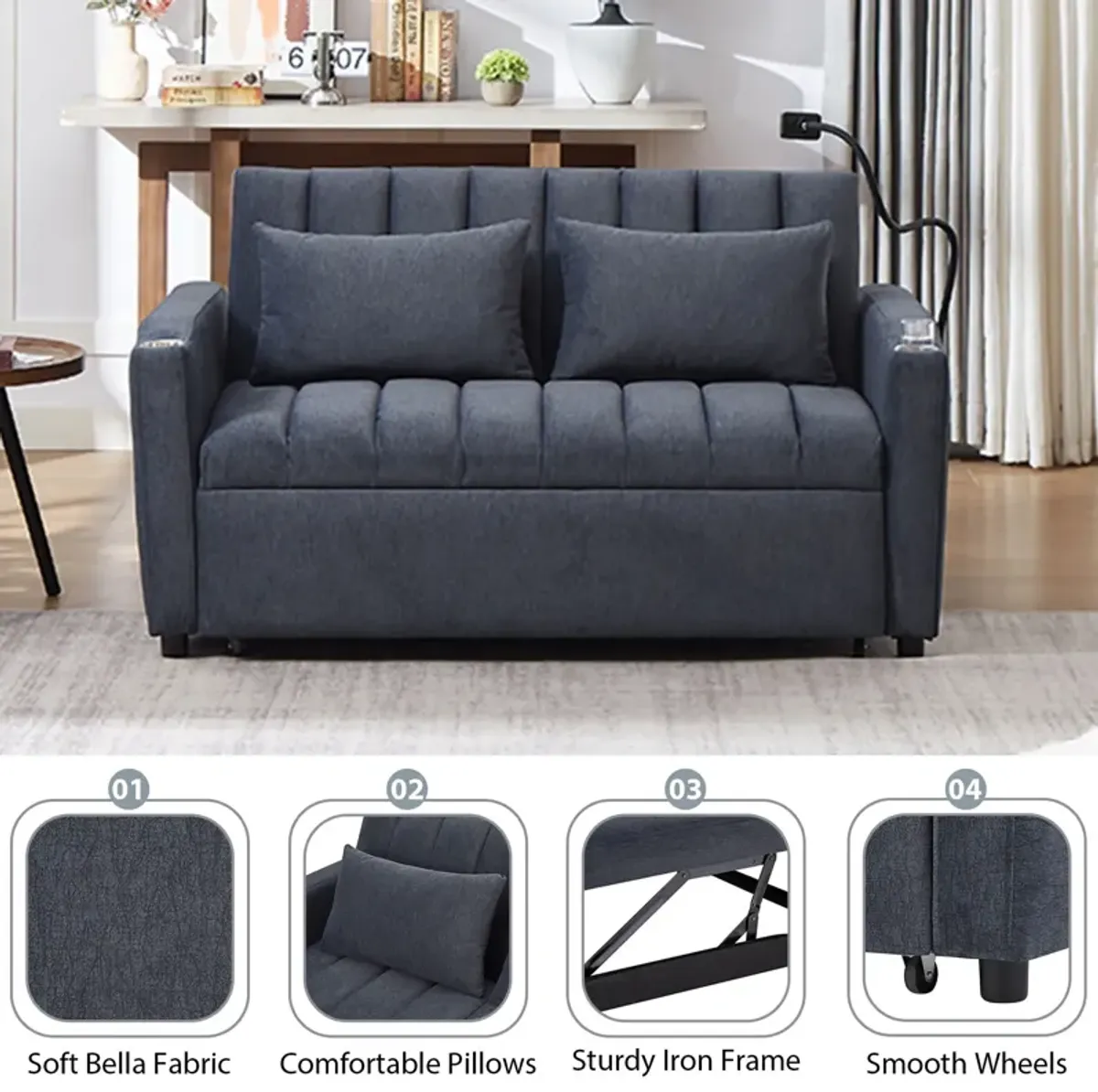 Convertible Sofa Bed Loveseat Sofa With Three USB Ports, Two Side Pockets, Two Cup Holders And 360° swivel Phone Holder For Living Room