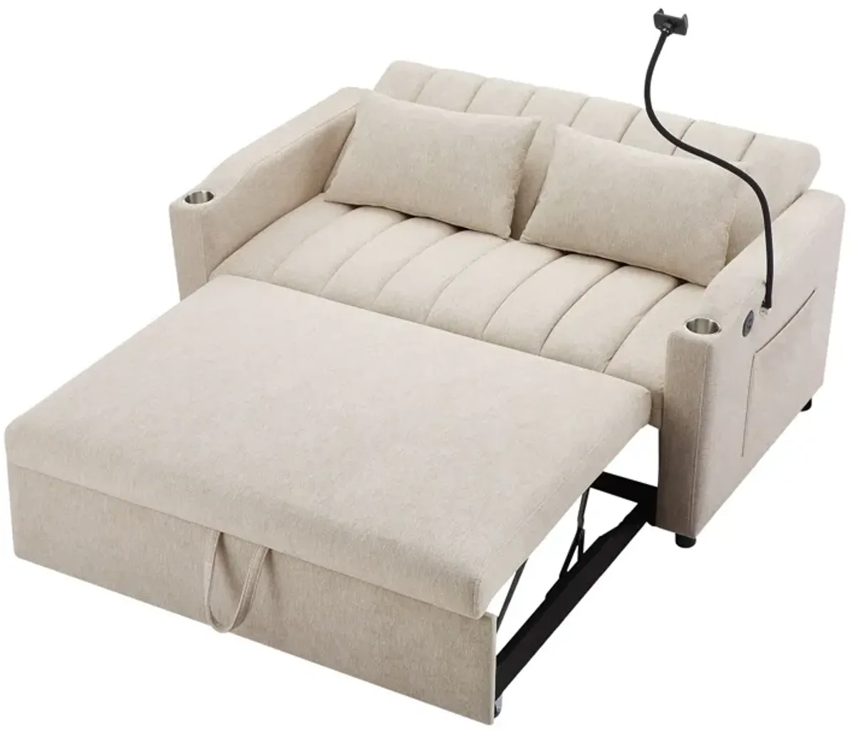 Convertible Sofa Bed Loveseat Sofa With Three USB Ports, Two Side Pockets, Two Cup Holders And 360° swivel Phone Holder For Living Room