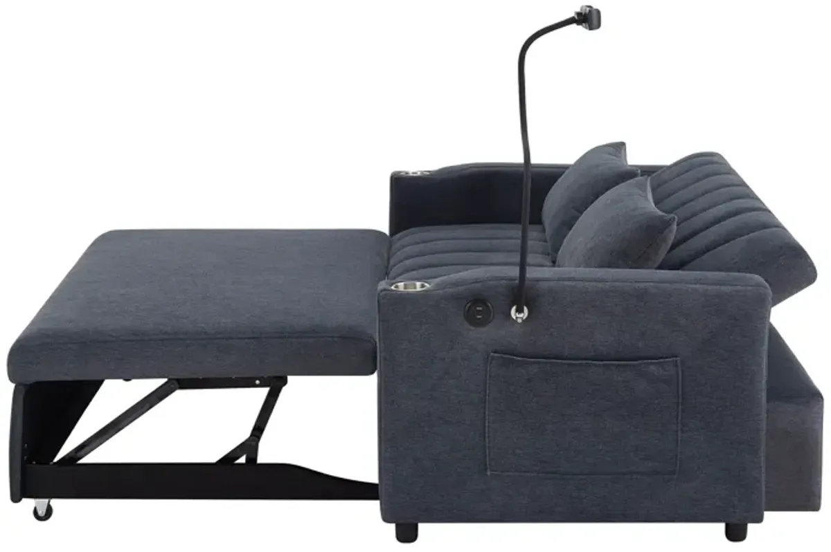 Convertible Sofa Bed Loveseat Sofa With Three USB Ports, Two Side Pockets, Two Cup Holders And 360° swivel Phone Holder For Living Room