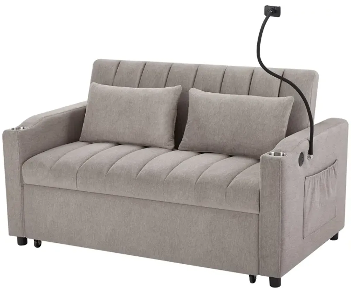 Convertible Sofa Bed Loveseat Sofa With Three USB Ports, Two Side Pockets, Two Cup Holders And 360° swivel Phone Holder For Living Room