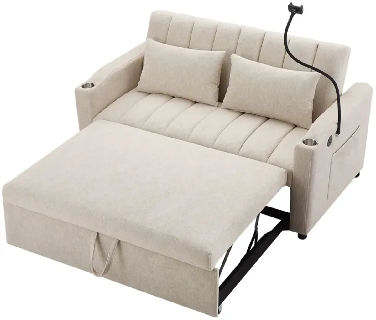 Convertible Sofa Bed Loveseat Sofa With Three USB Ports, Two Side Pockets, Two Cup Holders And 360° swivel Phone Holder For Living Room