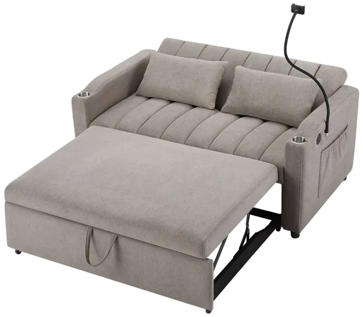 Convertible Sofa Bed Loveseat Sofa With Three USB Ports, Two Side Pockets, Two Cup Holders And 360° swivel Phone Holder For Living Room