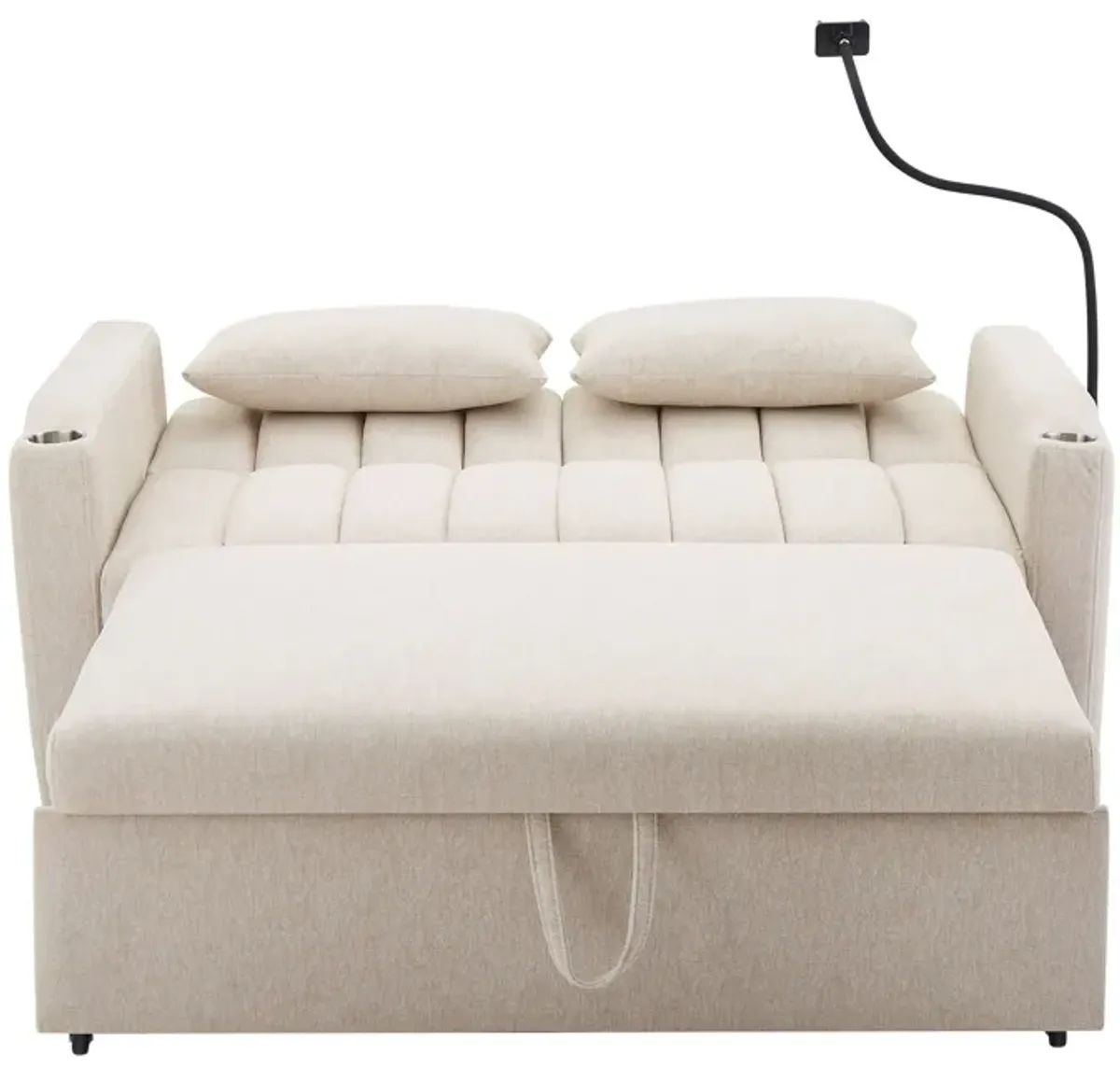 Convertible Sofa Bed Loveseat Sofa With Three USB Ports, Two Side Pockets, Two Cup Holders And 360° swivel Phone Holder For Living Room